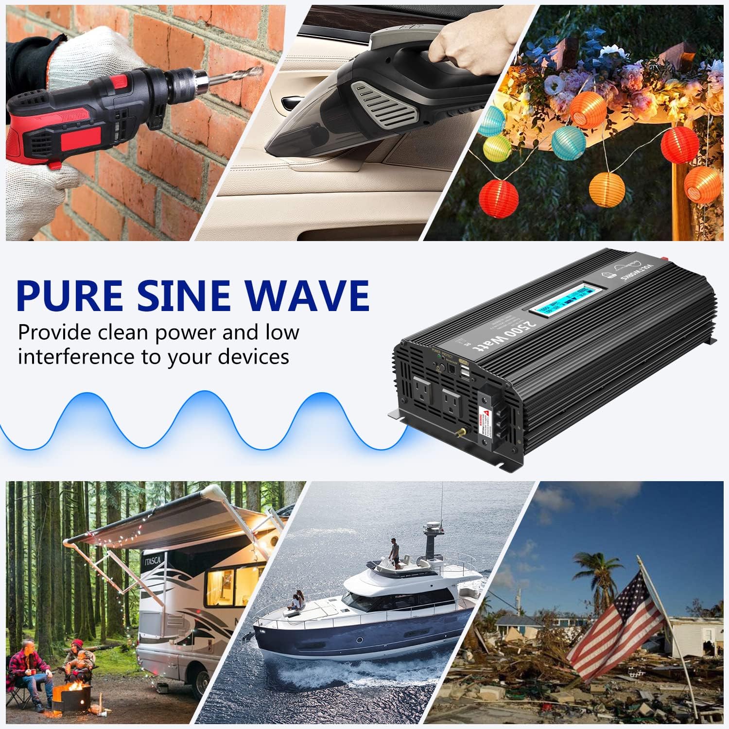 2500 Watt Car Power Inverter DC 12V to 110V-120V AC with LCD Display 2 AC Outlets 2 USB Ports V776776