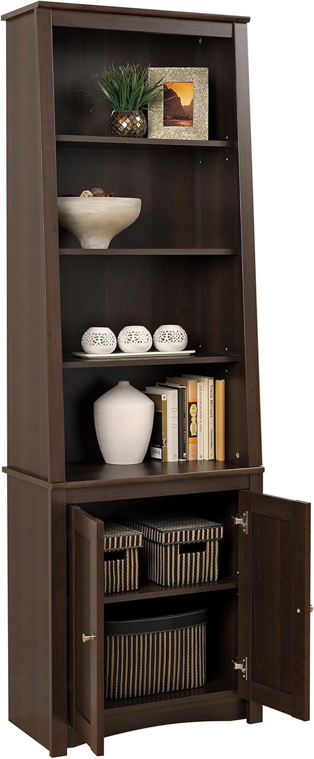 Espresso Tall Slant-Back Bookcase with 2 Shaker Doors W254