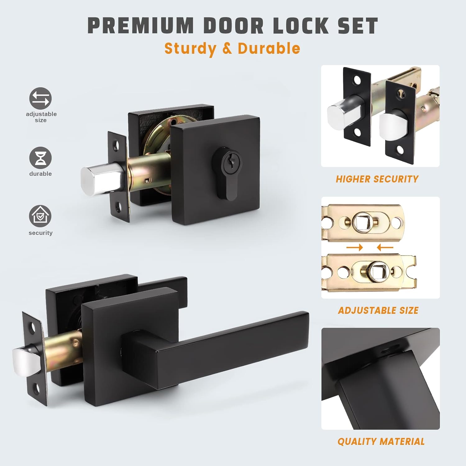 6 Pack Square Matte Black Door Handle Set with Double Keyed Deadbolt H90397