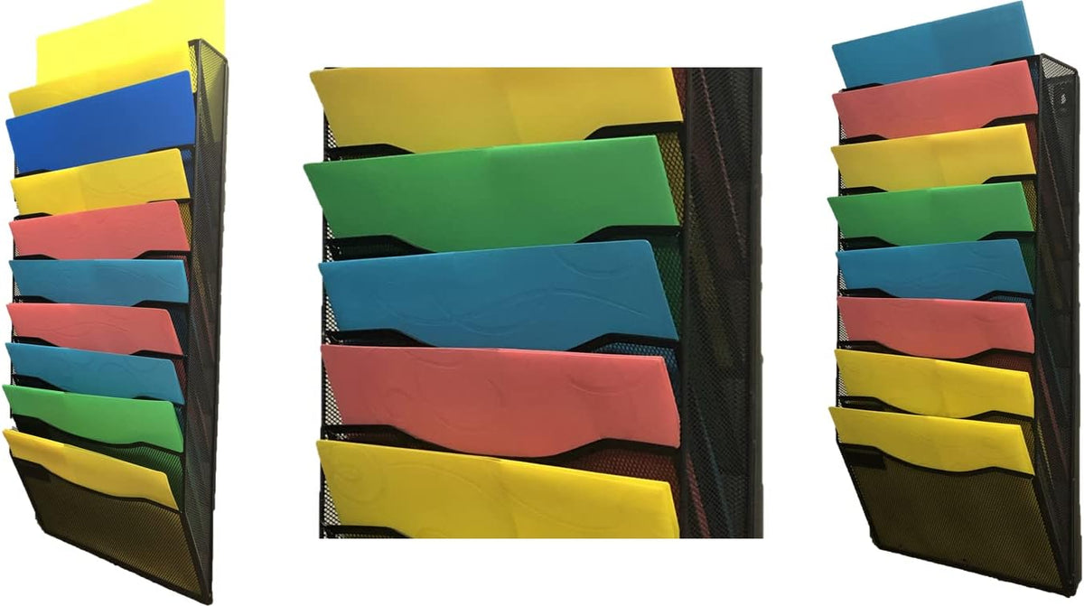 Wall Mounted 10 Tier Metal Mesh File Organizer with 5 Paper Folders T510