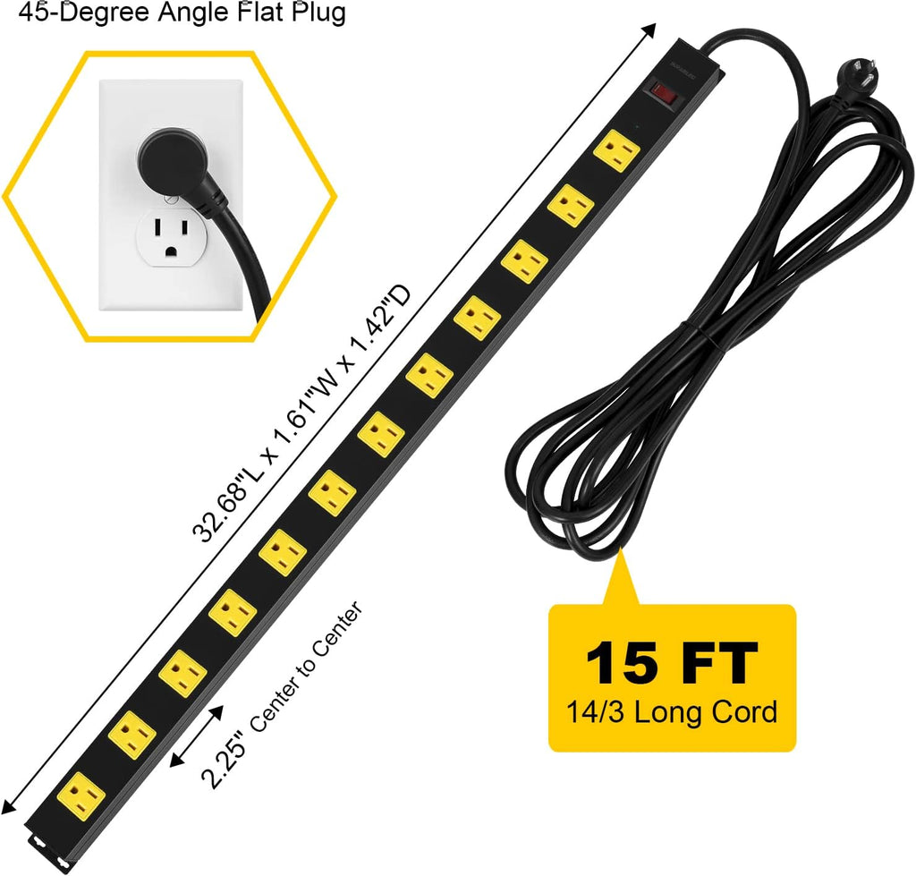 2-Pack 12 Outlet Metal Power Strip with 15 FT Cord Surge Protector I8057