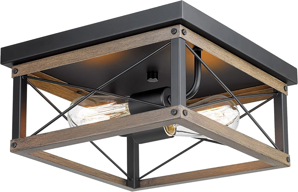 Farmhouse Semi Flush Mount Ceiling Lighting, 2-Light Metal Cage, 13 inches, Wood Grain and Matte Black Finish P998984