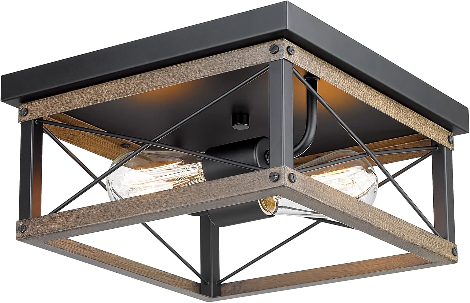 Farmhouse Semi Flush Mount Ceiling Lighting, 2-Light Metal Cage, 13 inches, Wood Grain and Matte Black Finish P998984