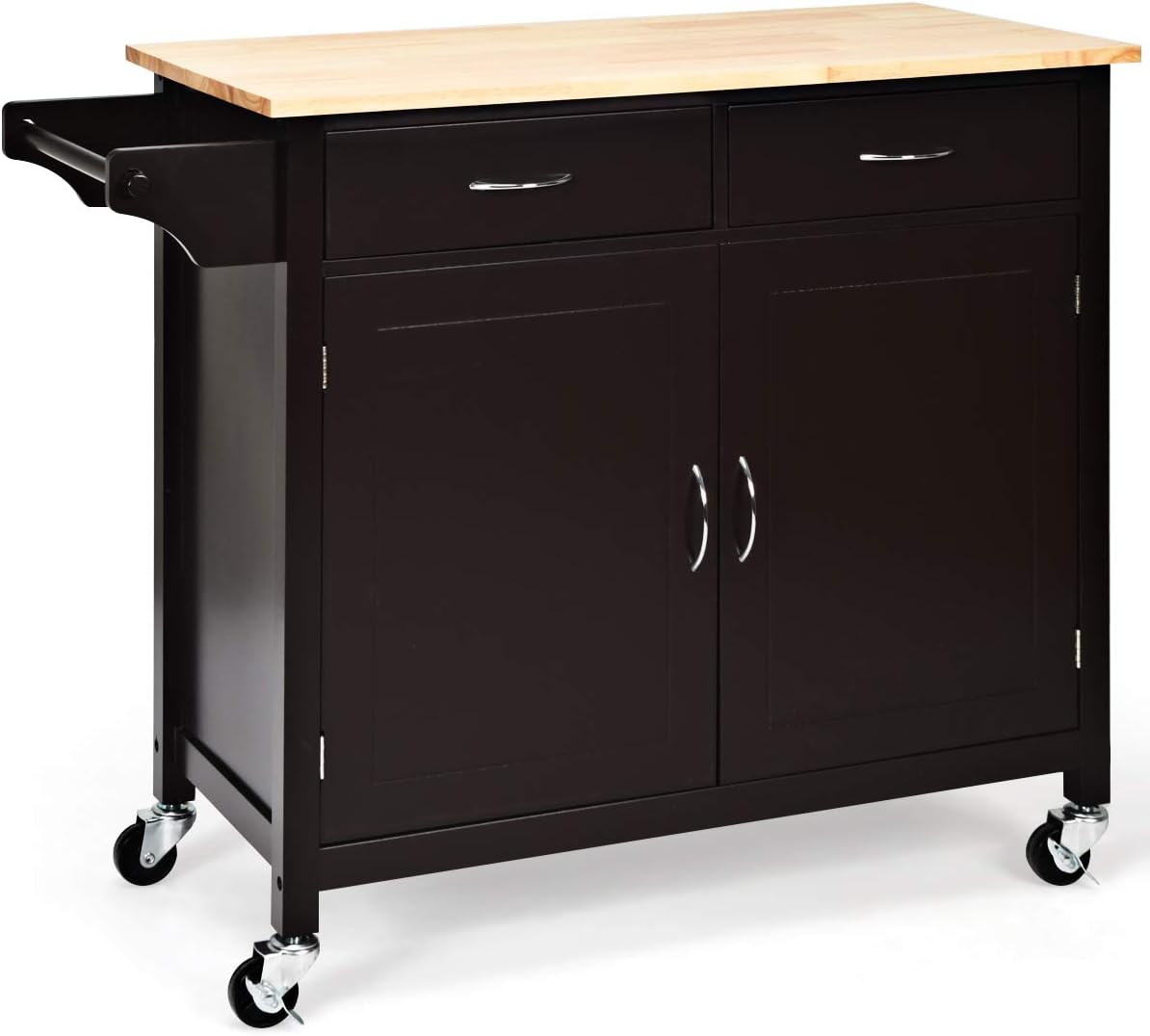 Rolling Kitchen Island Cart with Rubber Wood Top and Storage Cabinet S612