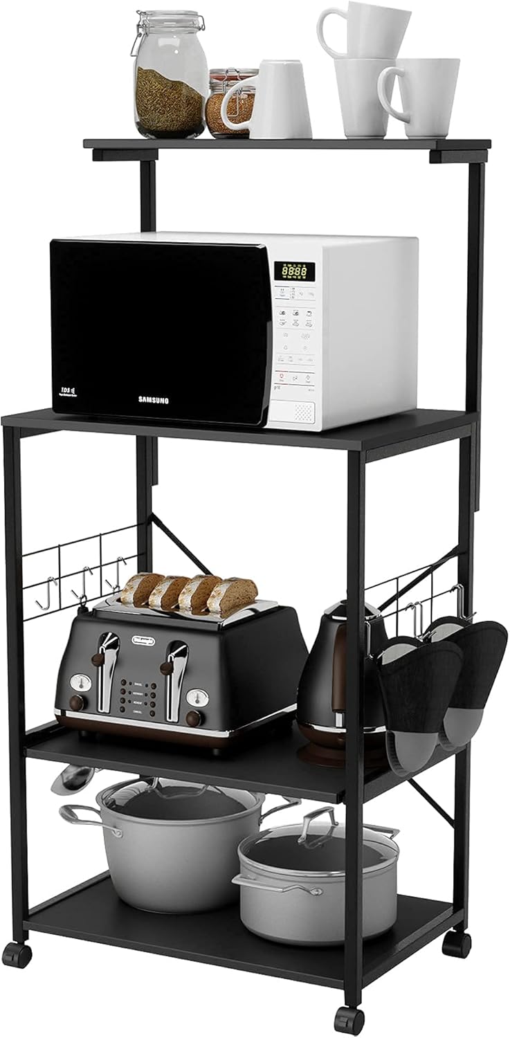 Rustic Brown 4 Tier Kitchen Baker's Rack with Storage Shelf and 10 Side Hooks L10771