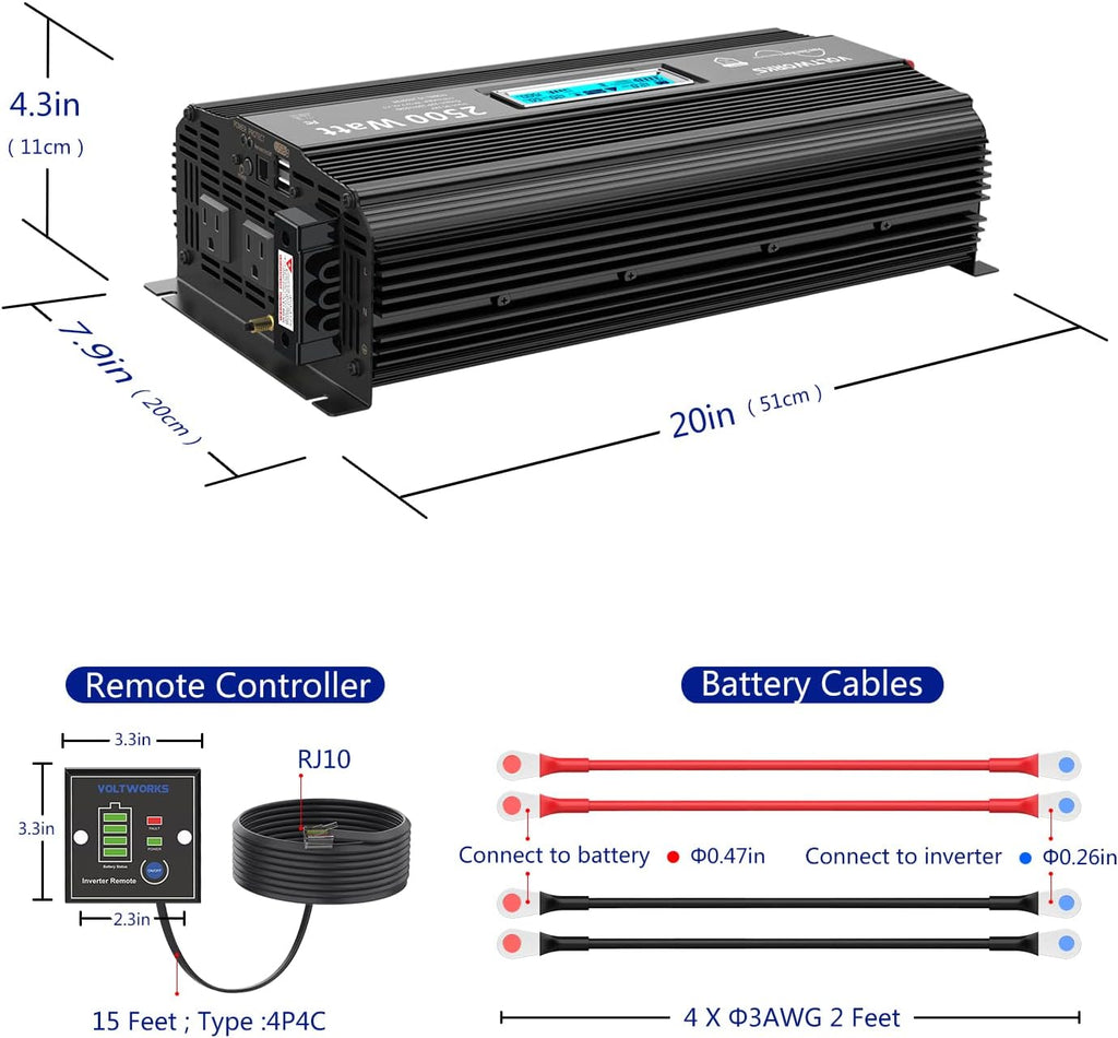 2500 Watt Car Power Inverter DC 12V to 110V-120V AC with LCD Display 2 AC Outlets 2 USB Ports V776776