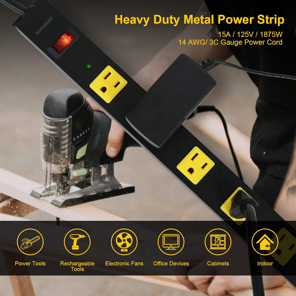 2-Pack 12 Outlet Metal Power Strip with 15 FT Cord Surge Protector I8057