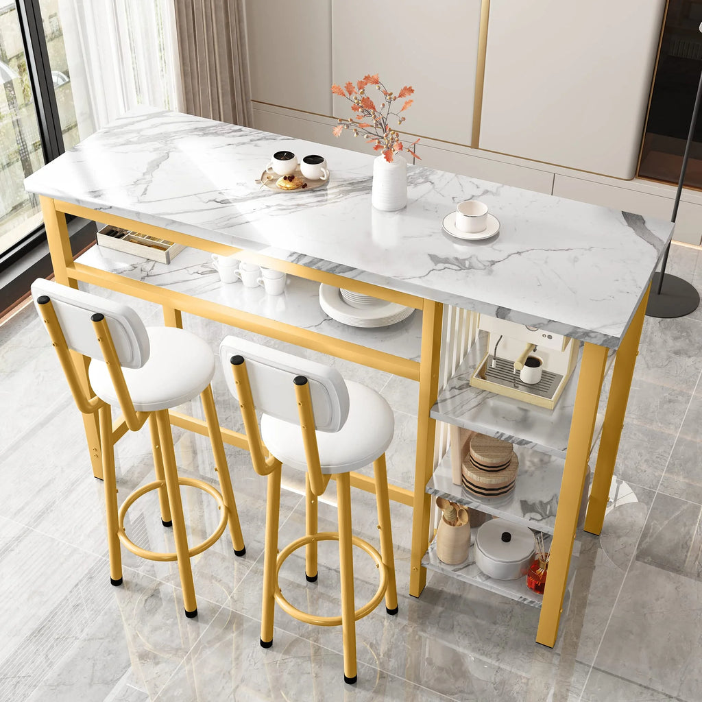 White Gold Bar Table Set with 2 PU Upholstered Stools and 4 Storage Shelves W191