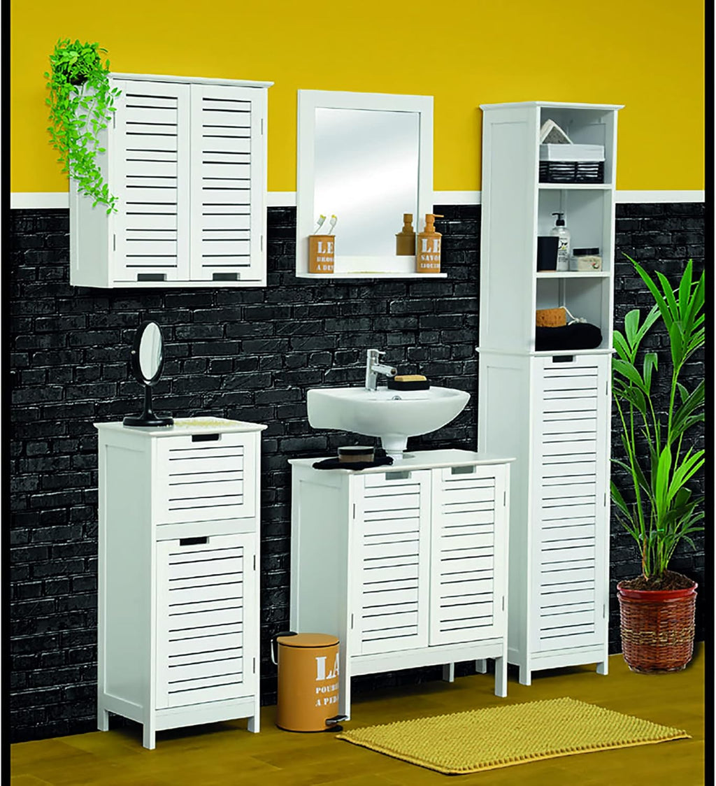 Freestanding Bath Linen Tower Cabinet 1 Door 3 Shelves Wood White O9665