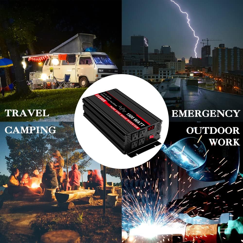 1500 Watt Pure Sine Wave Power Inverter DC 12V to AC 120V with 4 AC Outlets USB Output Wireless Remote Control F9889