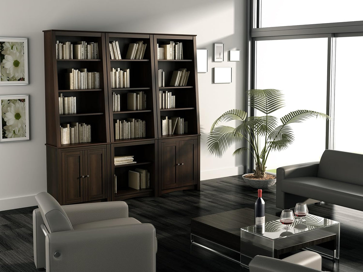 Espresso Tall Slant-Back Bookcase with 2 Shaker Doors W254