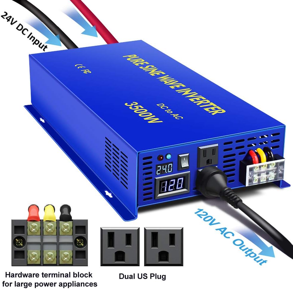 Pure Sine Wave Power Inverter 3500W / 7000W Peak DC 24V to AC 110V 120V with LCD Display G152
