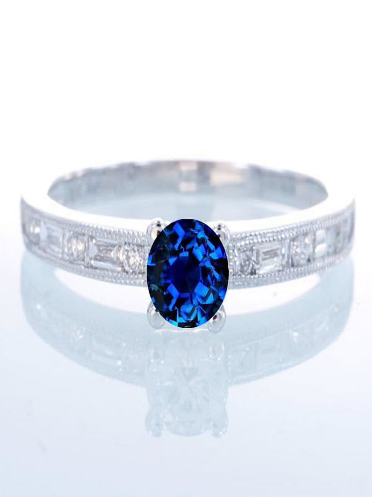 1.5 Carat Round Cut Blue Sapphire And Diamond Moissanite Engagement Ring On 10K White Gold R76150