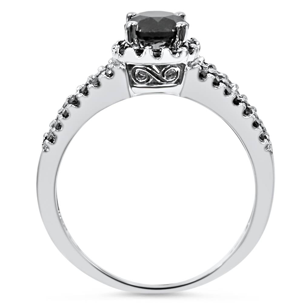 14K White Gold Black Diamond Pave Halo Engagement Ring T75932
